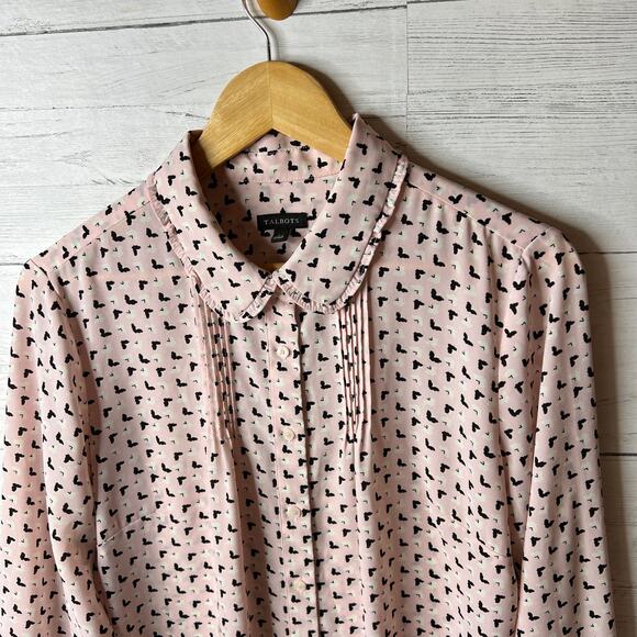 Talbots Blouse Womens Size Large Pink & Black Butterfly Bird Pintuck Peter Pan - Picture 9 of 16